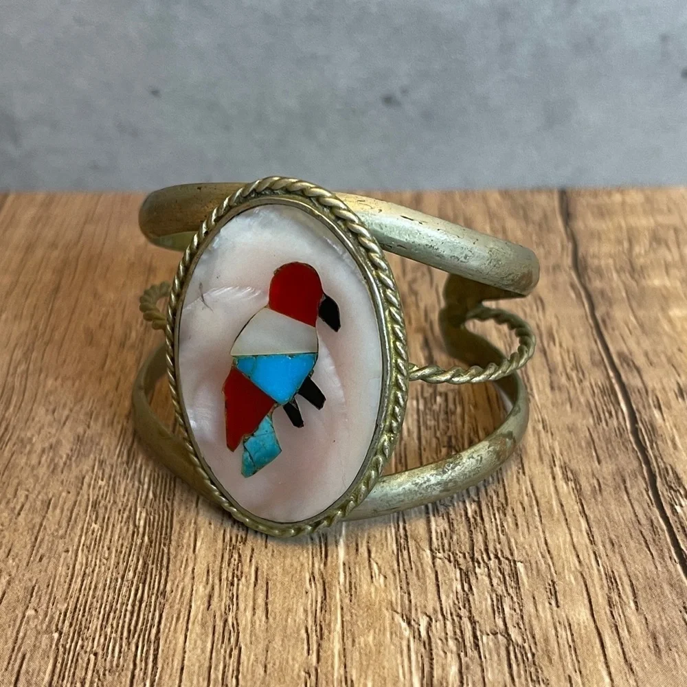 Zuni Turquoise and Coral Inlaid Stone Sterling Silver Bird Cuff Bracelet